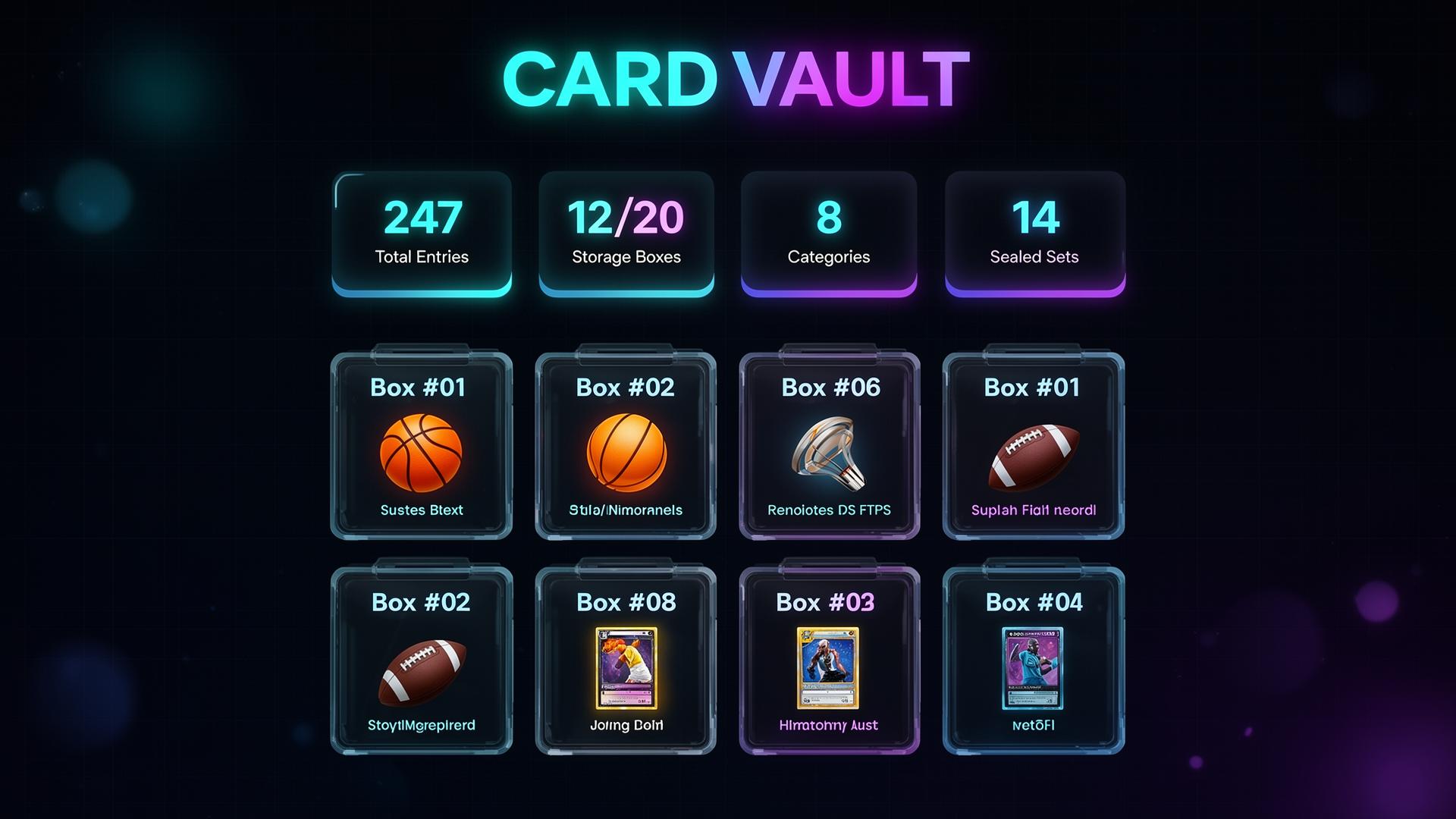 Card Vault dashboard showing collection stats, storage boxes, and category filters in a futuristic dark UI